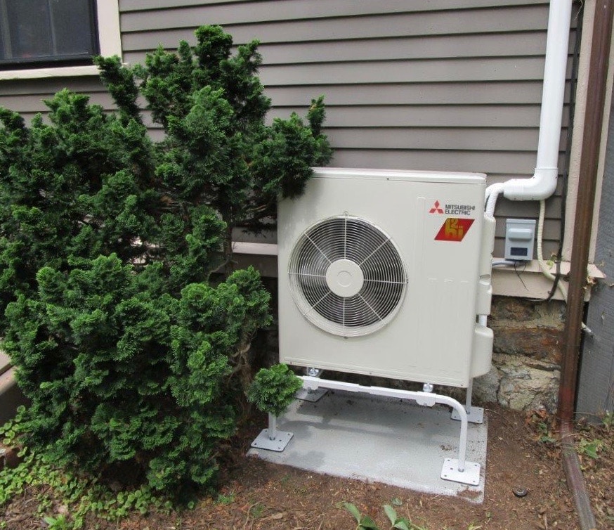 Outdoor install of Mitsubishi Hyper-Heating heat pump in Cambridge, MA.