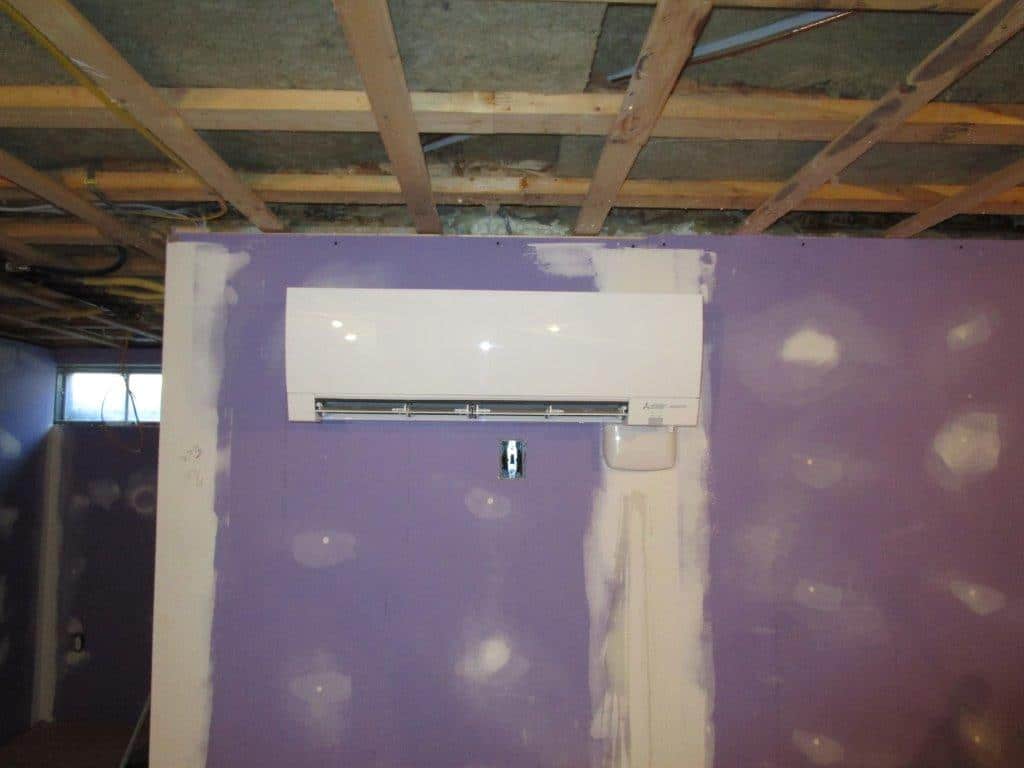 Mitsubishi ductless HVAC panel for basement in Amesbury, MA colonial