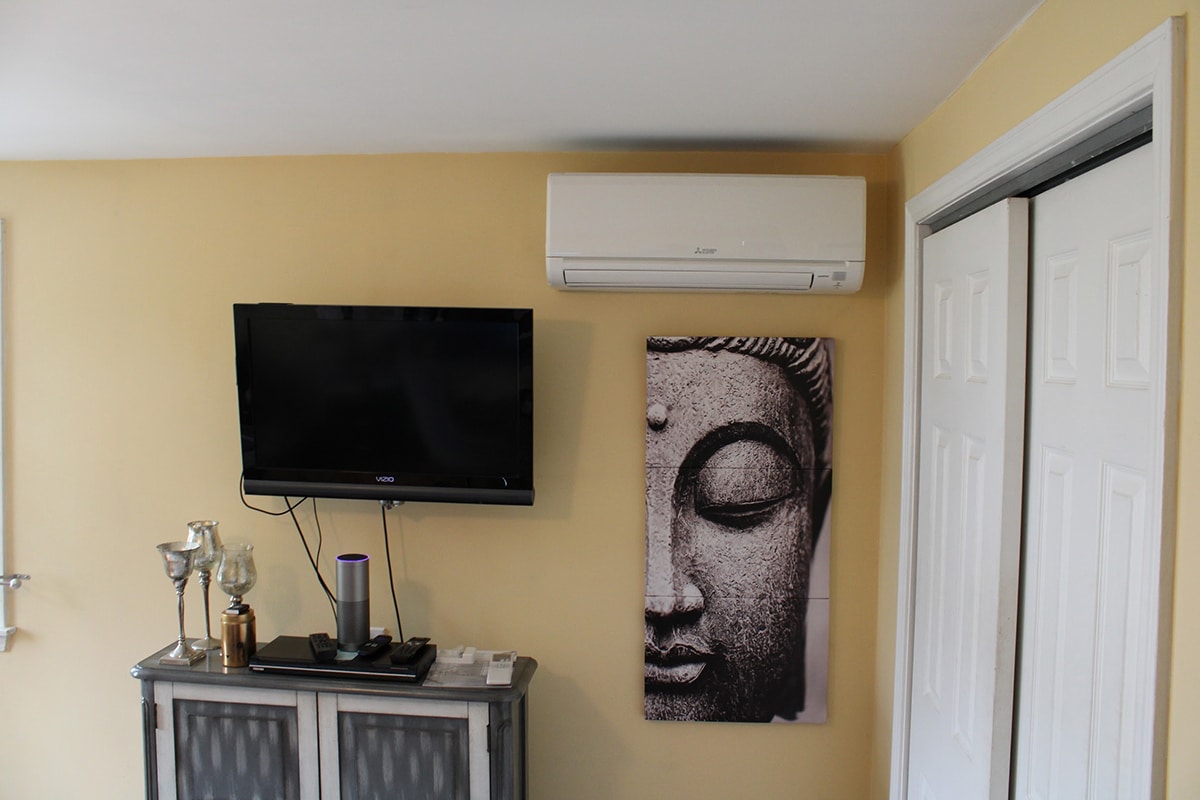 Ductless AC installed in Peabody, MA, ranch-style home.