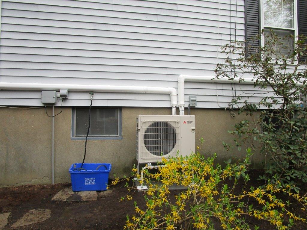 Outdoor heat pump for Mitsubishi ductless hvac system in Belmont, MA colonial