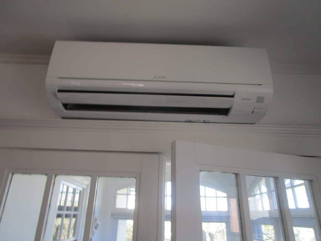 Indoor Mitsubishi ductless AC installed in Brookline, MA, condo.