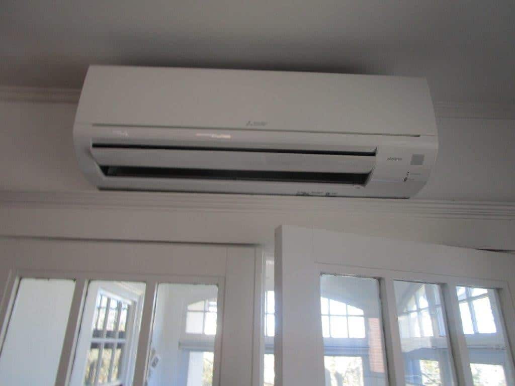 Indoor Mitsubishi ductless AC installed in Brookline, MA, condo. 