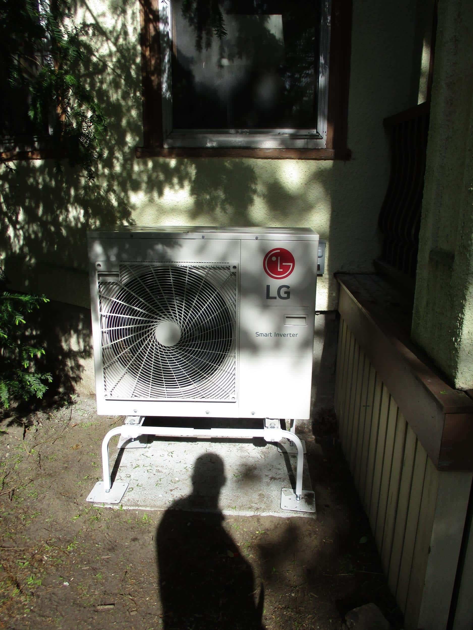 Outdoor heat pump for LG ductless system in Brookline, MA.