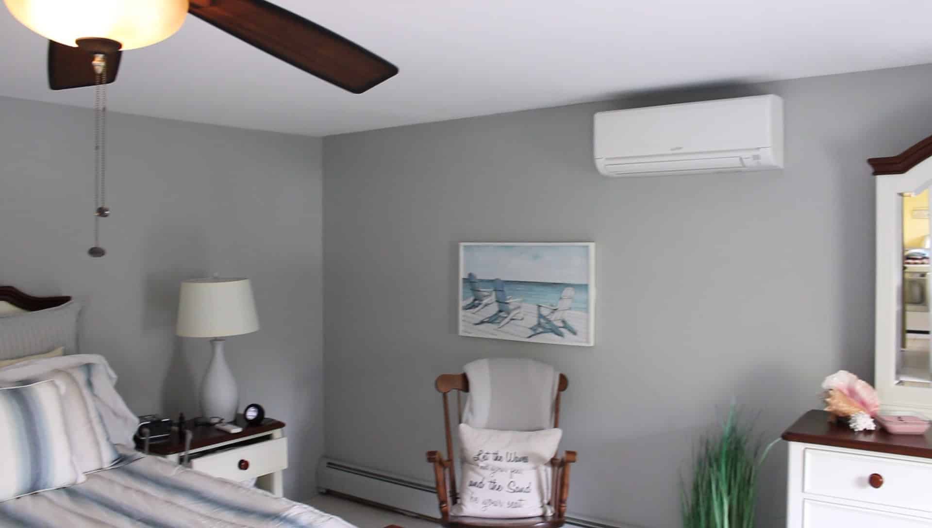 Indoor Mitsubishi ductless AC installed in Peabody, MA, home.