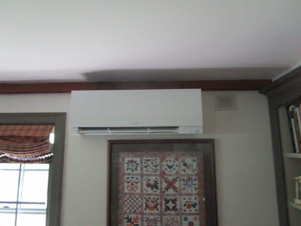 Example of a ductless AC unit installed in Newbury living room.