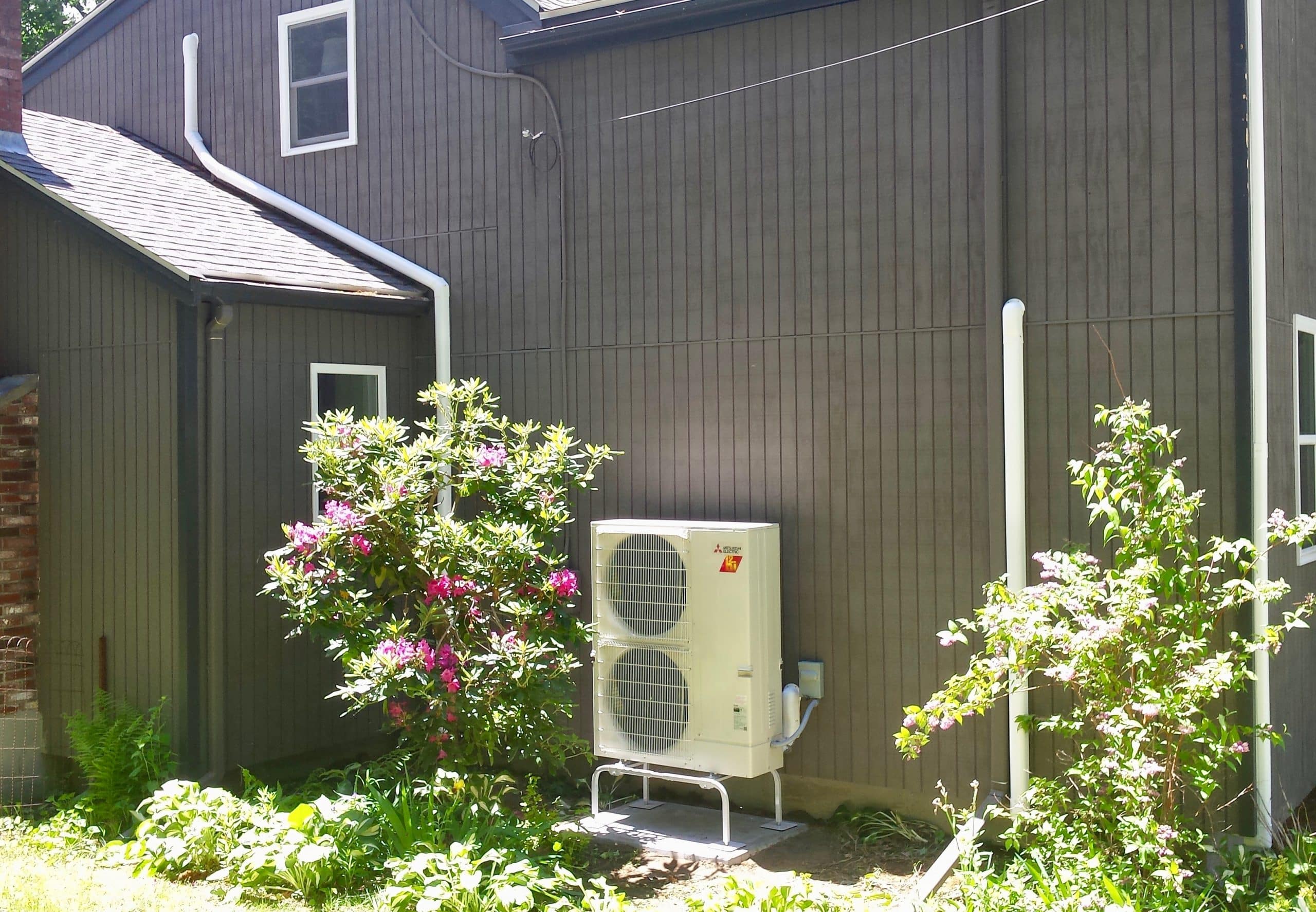 Outdoor ductless heat pump for Burlington, MA, home.