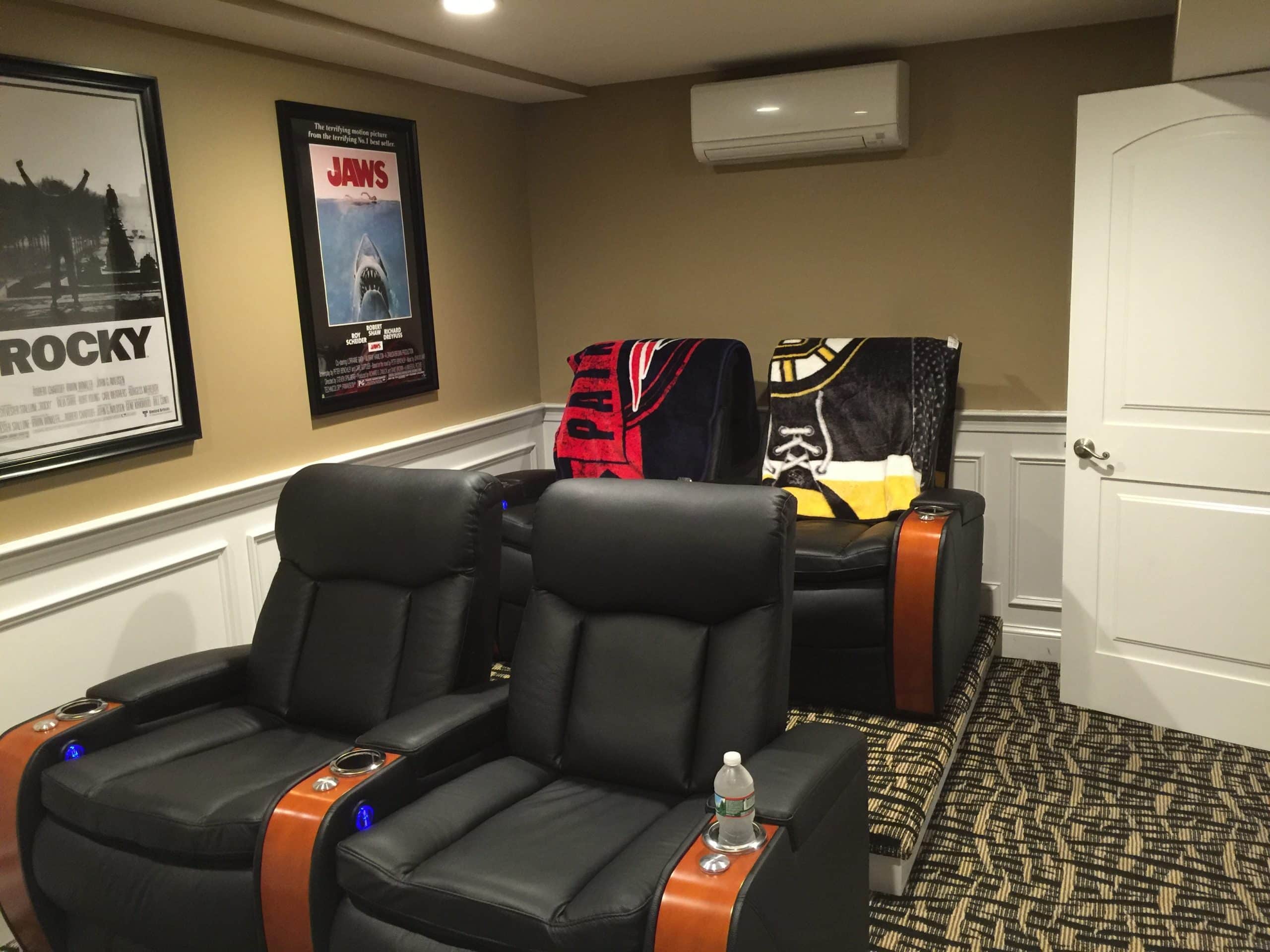 Ductless heating and cooling in a Saugus home theater.