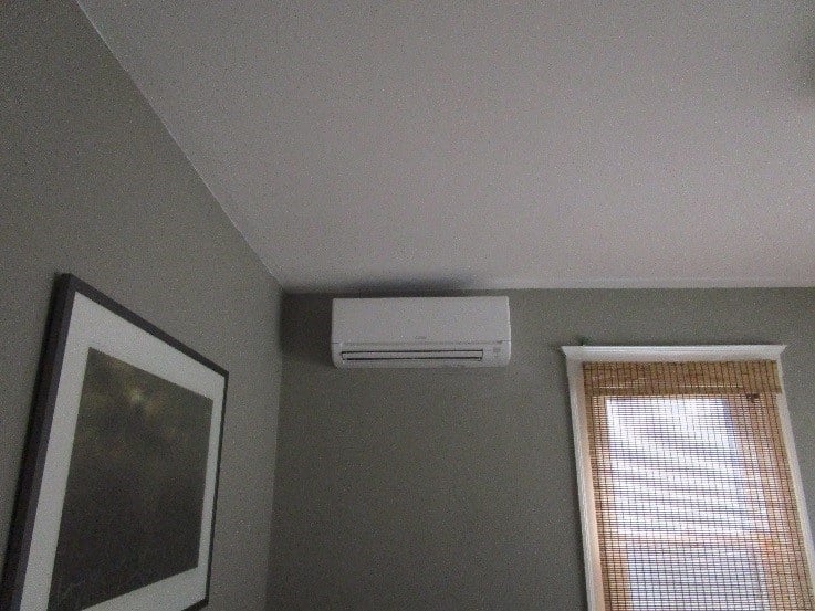 Wall mounted ductless AC Hyper-Heating heat pump in Jamaica Plain home.