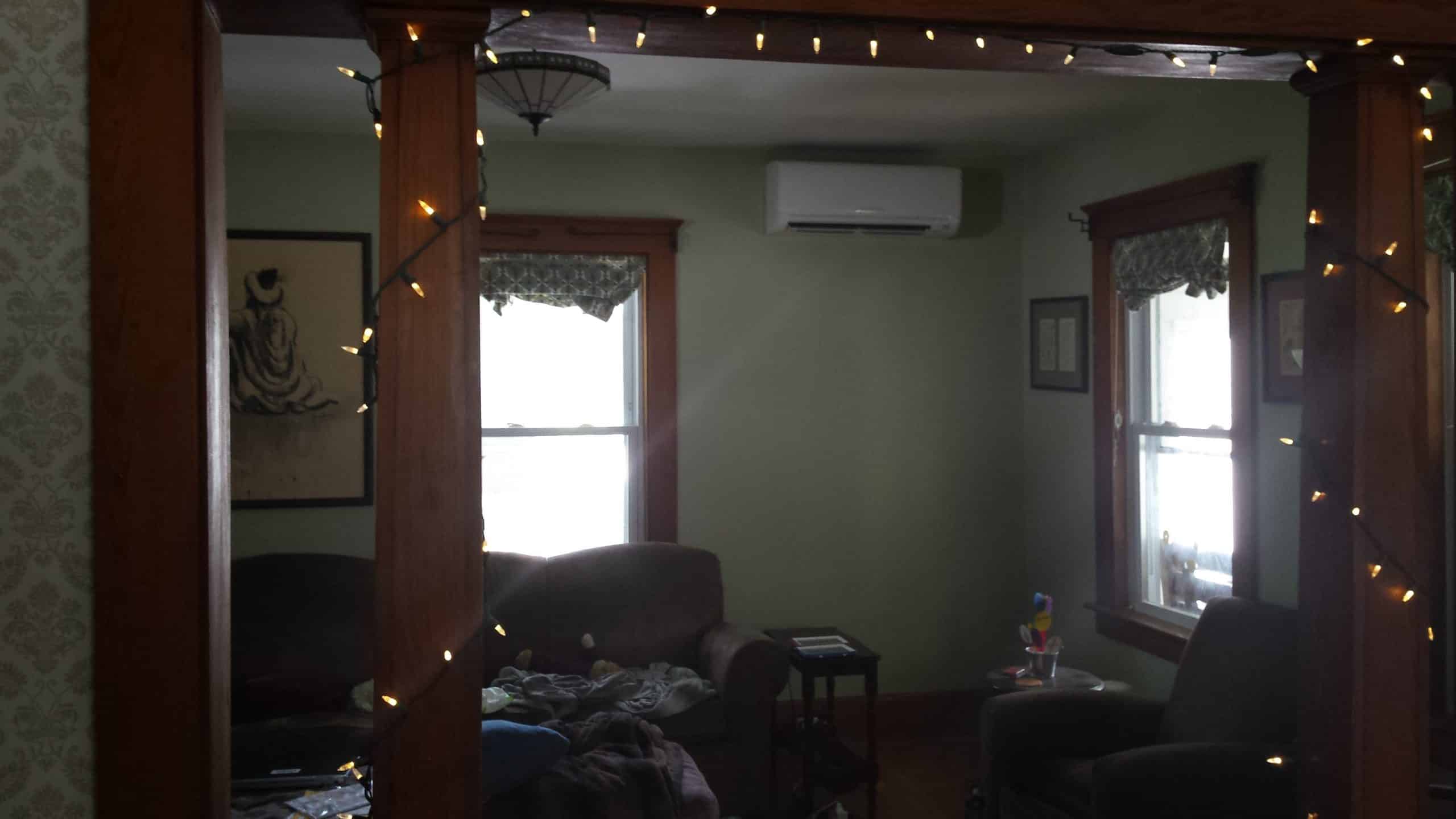 Ductless HVAC installation on the first floor of a Concord MA colonial-style home