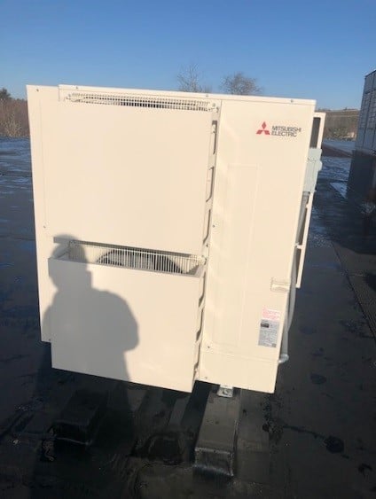 Example of outdoor condenser unit for Mitsubishi ductless in Foxborough, MA.