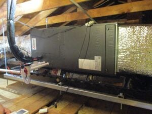 Mitsubishi ducted heating unit installed in the attic of Beverly, MA, home. 