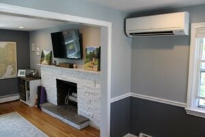 Example of an indoor air handler installed in the dining room of this Beverly, MA, home for new Mitsubishi ductless system.