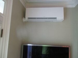 Example of an indoor Mitsubishi ductless AC unit installed in a home for supplemental heating and cooling. 