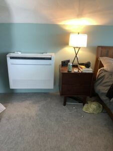 Mitsubishi Electric ductless AC floor-mounted unit installed in a Melrose, MA, home.