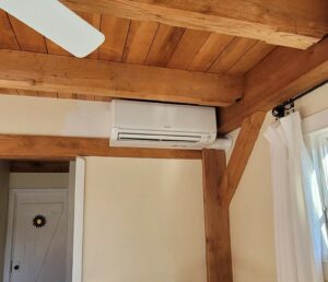 Example of the MSZ-GL wall-mounted ductless unit for heating and cooling this farmhouse in Sherborn, MA.