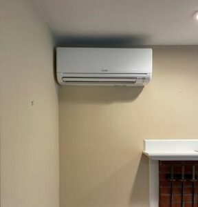 Example of a Mitsubishi Electric ductless wall-mounted AC unit installed in Lexington, MA, home.