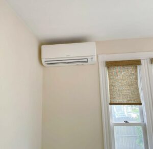 A Mitsubishi Electric ductless wall unit installed in North Andover historic home. 