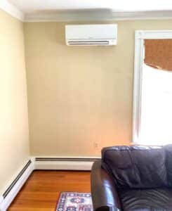 A multi-zoned Mitsubishi Electric ductless wall unit installed for heating and cooling in North Andover, MA.