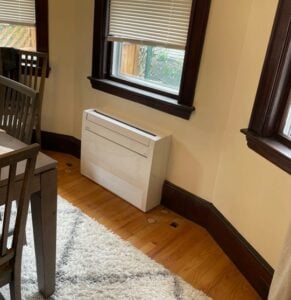 An example of a ductless heating and cooling unit installed in a home. 