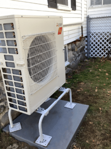 An example of a Mitsubishi Electric heat pump with Hyper Heat technology installed for ductless heating and cooling.