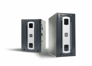 Two rectangular metal furnace units with white and black front panels, standing on a white background.