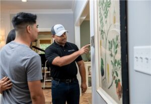 A technician in a black shirt and cap explains a wall-mounted thermostat to two people in a home.