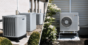 Side-by-side comparison of multiple traditional outdoor AC units on the left and a single ductless mini-split heat pump unit on the right, both installed outside buildings.