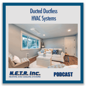Modern living room with white furniture, wooden flooring, and a ductless HVAC unit installed on the ceiling; podcast title and company branding are displayed.