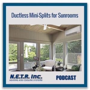 A sunroom with a ductless mini-split AC installed on the wall, featuring large windows, a ceiling fan, and comfortable seating. Text reads: "Ductless Mini-Splits for Sunrooms.