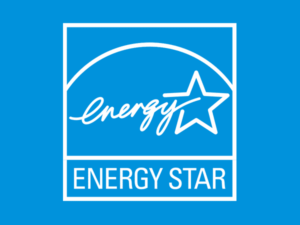 The blue ENERGY STAR logo features the word "energy," a star outline, and the text "ENERGY STAR" in a square frame.