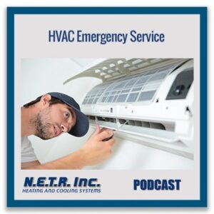 A technician uses a screwdriver to service a wall-mounted air conditioning unit; text reads "HVAC Emergency Service," "N.E.T.R. Inc.," and "PODCAST.