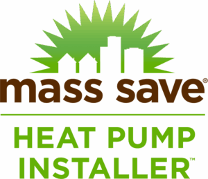 Mass Save logo with a city skyline and sunburst graphic above the words "HEAT PUMP INSTALLER" in green text.