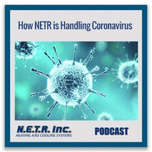 Podcast cover with text "How NETR is Handling Coronavirus" and an illustration of a virus under a microscope. The NETR Inc. logo and the word "PODCAST" appear at the bottom.