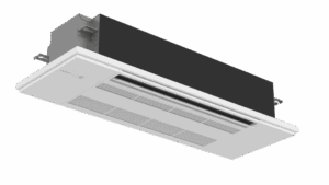 A ceiling-mounted air conditioning unit with a rectangular vent and a black housing, installed against a white background.