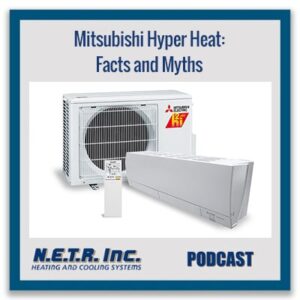 Image featuring a Mitsubishi Hyper Heat unit with text: "Mitsubishi Hyper Heat: Facts and Myths", "N.E.T.R. Inc. Heating and Cooling Systems", and "PODCAST".