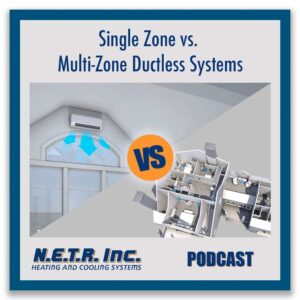 Graphic comparing single zone and multi-zone ductless systems, with one air conditioner in a room on the left and a multi-room floor plan on the right. Text: "Single Zone vs. Multi-Zone Ductless Systems.