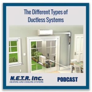 A diagram shows a ductless HVAC system installed in a room, with the indoor and outdoor units labeled. Text reads: "The Different Types of Ductless Systems.
