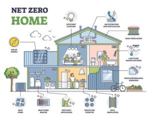 Illustration of a house with labeled features for net zero energy use, including solar panels, insulation, efficient appliances, heat pumps, and water-saving fixtures.