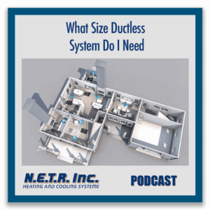 3D floor plan of a house with ductless HVAC units highlighted; text reads "What Size Ductless System Do I Need" and "N.E.T.R. Inc. PODCAST.