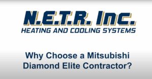 N.E.T.R. Inc. Heating and Cooling Systems logo above the text, "Why Choose a Mitsubishi Diamond Elite Contractor?" on a white background.