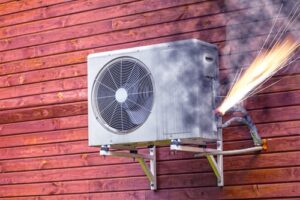 An outdoor air conditioning unit mounted on a wooden wall with smoke and sparks coming from a damaged electrical cable.