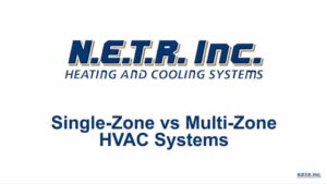 A slide displays the N.E.T.R. Inc. logo with the text “Single-Zone vs Multi-Zone HVAC Systems” and “HEATING AND COOLING SYSTEMS” underneath the company name.