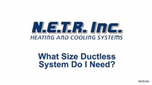 Text reads: "N.E.T.R. Inc. Heating and Cooling Systems. What Size Ductless System Do I Need?" on a plain white background.