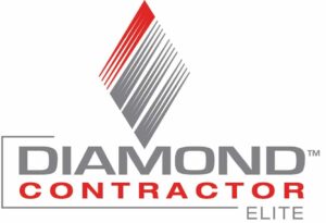 Logo with a red and gray diamond shape above the words "Diamond Contractor Elite" in gray and red, written in a modern, bold font.
