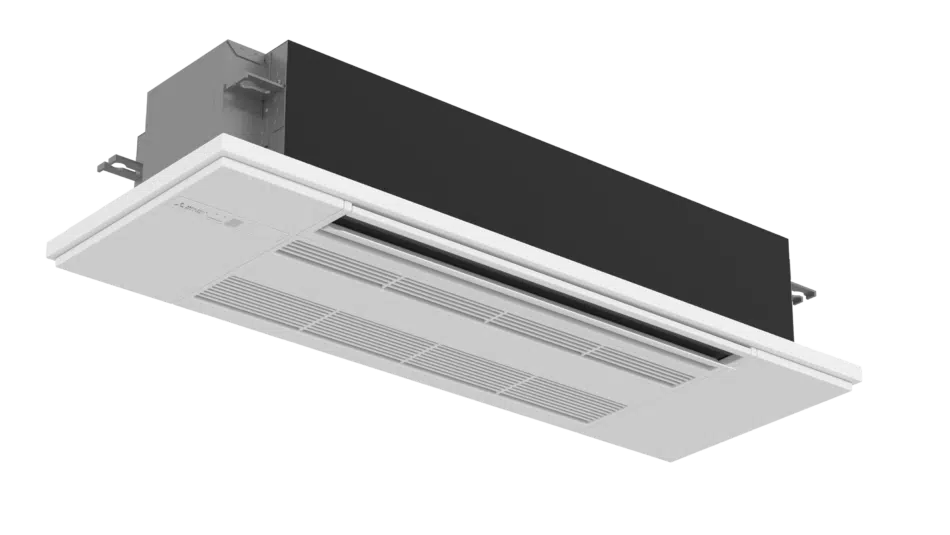 Ceiling-mounted air conditioning unit with a white vent panel and rectangular design, attached to a black housing.