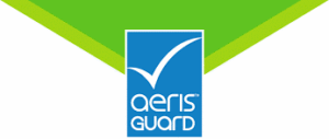 A blue rectangular logo with a white check mark and the text "Aeris Guard" below a green geometric shape.