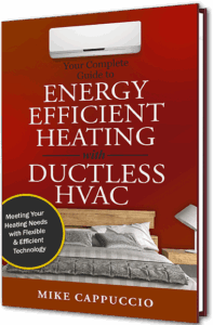 Book cover titled "Your Complete Guide to Energy Efficient Heating with Ductless HVAC" by Mike Cappuccio, featuring an air conditioner above a bed in a modern bedroom.