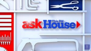 Ask This Old House" logo in red and blue text, surrounded by white silhouettes of various tools on a white and blue background.