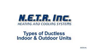 N.E.T.R. Inc. Heating and Cooling Systems logo with the text "Types of Ductless Indoor & Outdoor Units" displayed below.