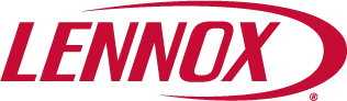 Lennox logo in bold red letters with a partial oval shape swooping around the top right of the text.